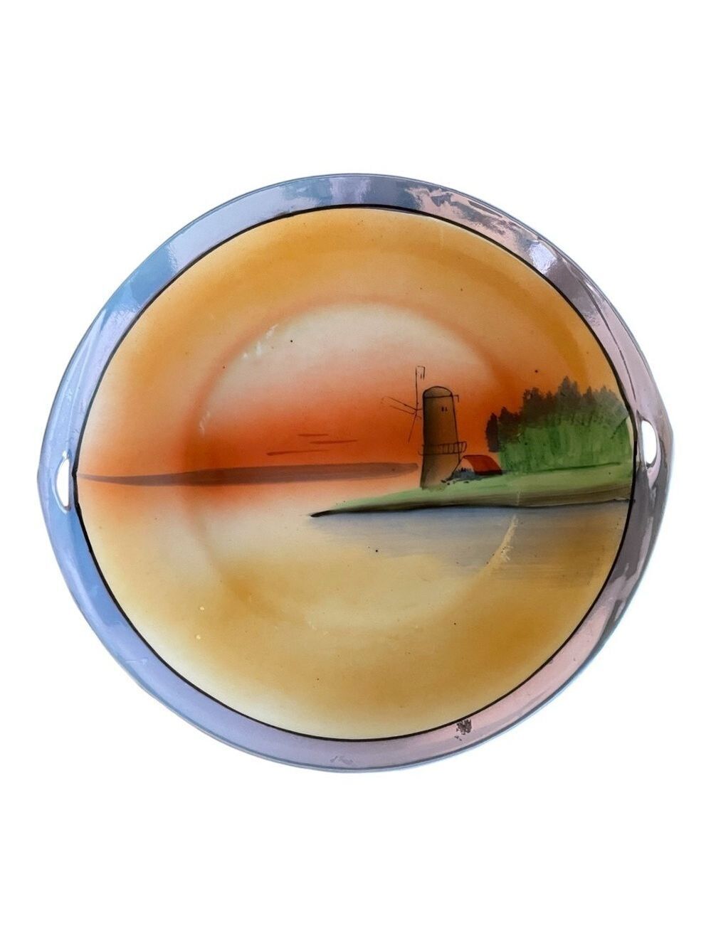 Vintage Japan Lusterware Handpainted Windmill Plate, Orange Yellow Green Sunset.